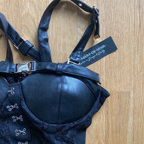 MANIERE DE VOIR UK BLACK BODYSUIT FAUX LEATHER ACCENTS INTIMATES 14 US 10 NEW - Picture 2 of 7